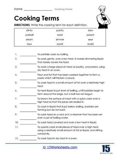 cooking terms worksheet answers